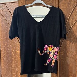 Chico's Black Tee with Colorful Elephant Embroidery